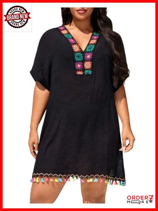 Other - Plus Size Bohemian Geo Fringe Tunic Swimsuit Coverup